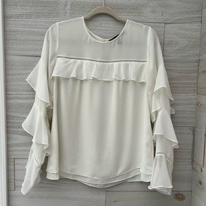 Ruffled White Blouse with long draping sleeves WHBM White House black market
